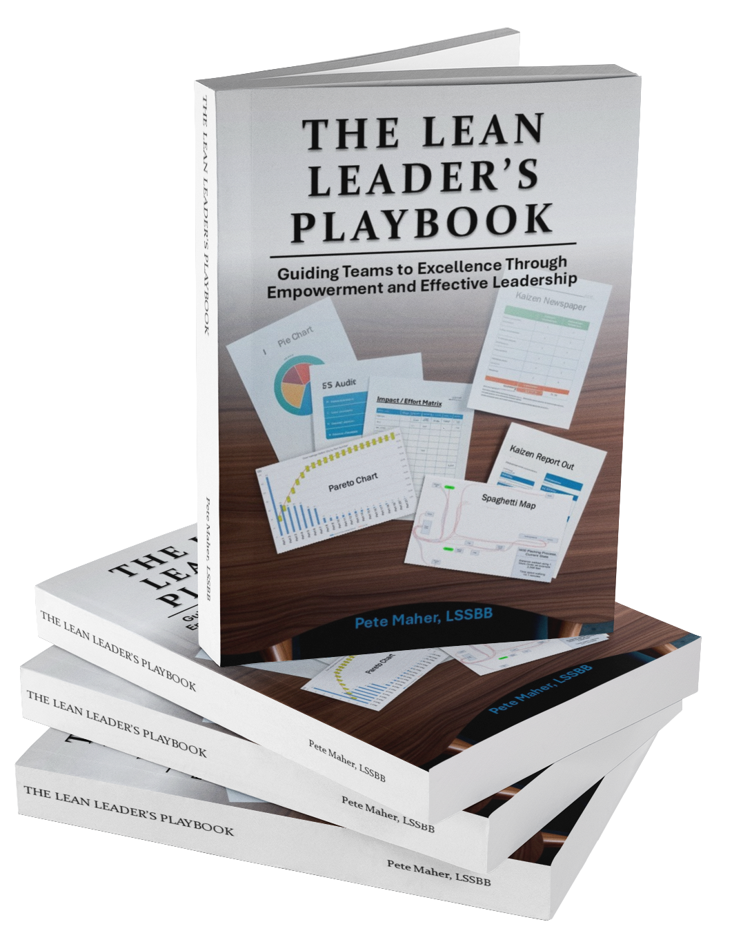 The Lean Leader’s Playbook by Pete Maher, displayed as a standing book on a stack